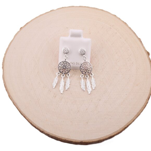Women's Sterling Silver Dreamcatcher Dangle Earrings with Push‎ Back Closure ** - Picture 1 of 11